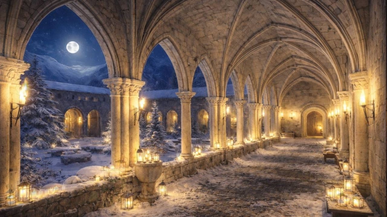 Nordic Monastery Cloister at Night ⛪ Medieval Ambient Music for Deep Calm