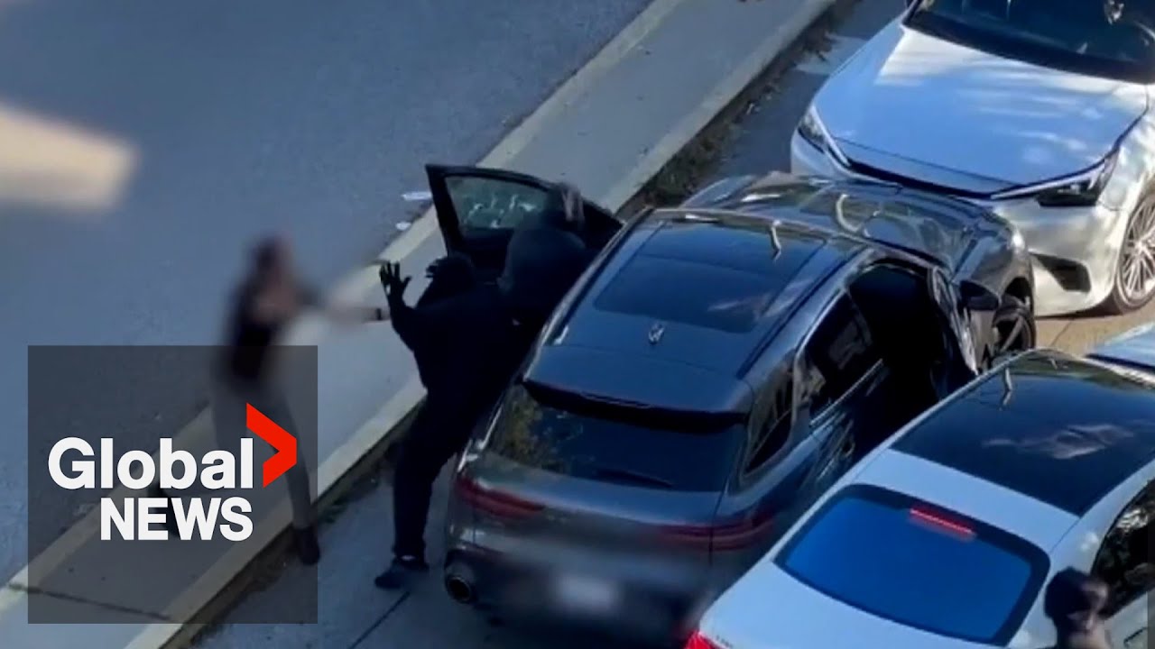 Video of violent Toronto-area robbery shows victim boxed in while thieves steal case full of cash