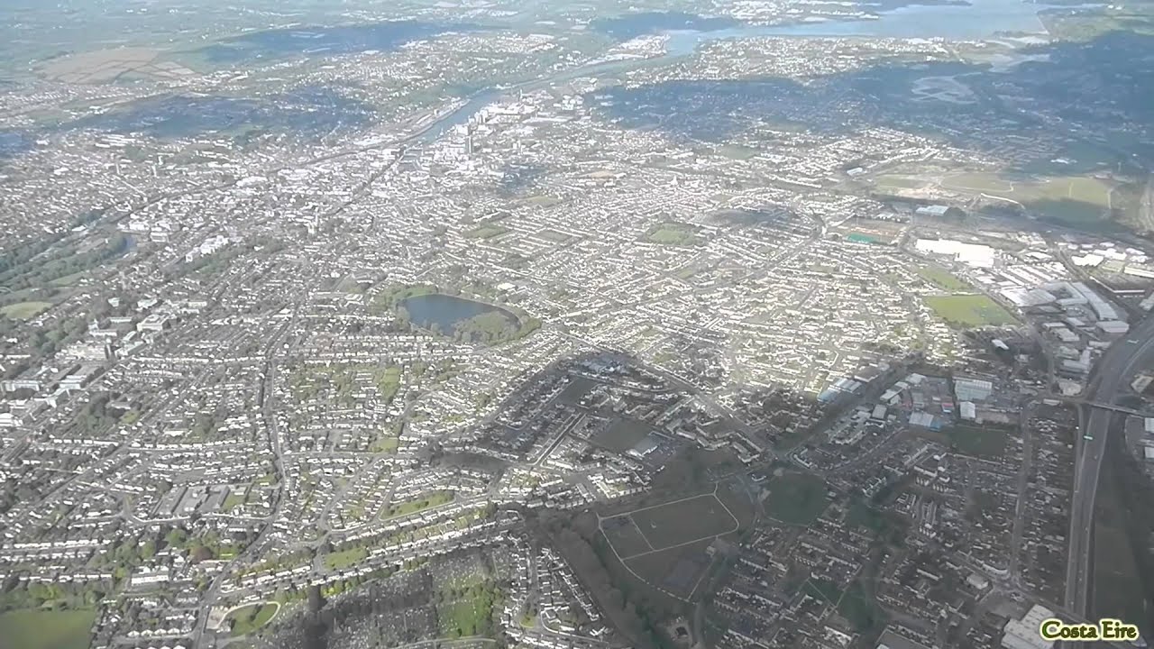 Cork from Air (Taking off from Cork Airport, Ireland) / Flight over Cork & Cork Harbour
