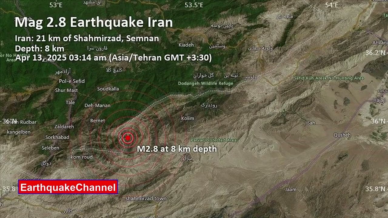 Weak Mag. 2.8 Earthquake - Iran: 21 km of Shahmirzad, Semnan Apr 12, 2025, at 11:44 pm