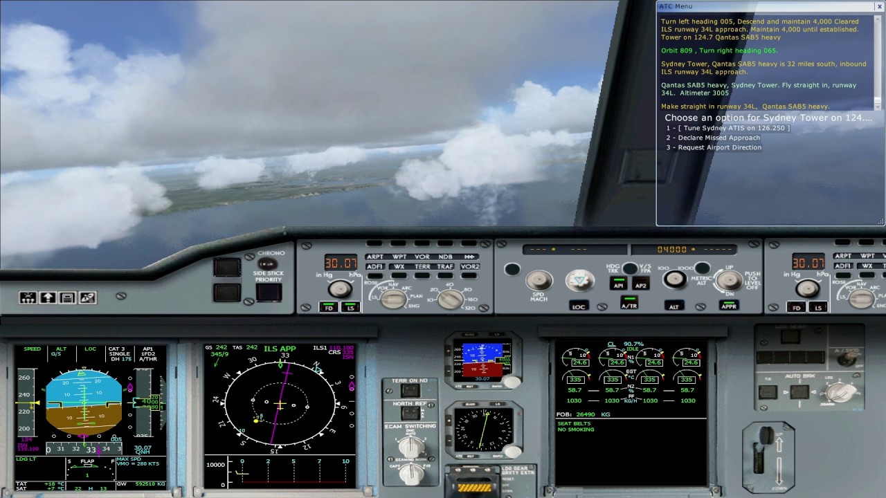 FSX - ILS Landing - Cockpit view - Sydney YSSY-34L ISN - Qantas Wilco A380 v2