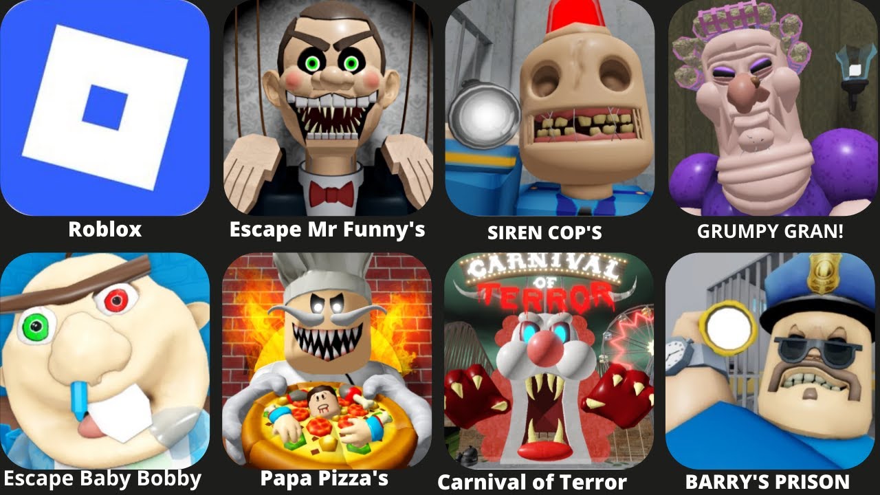 Roblox Escape Mr Funny's ToyShop! (SCARY OBBY),SIREN COP'S PRISON! (SCARY OBBY),GRUMPY GRAN!