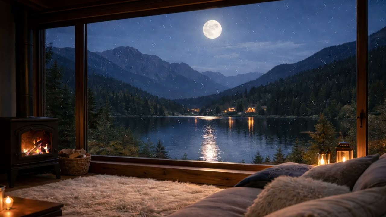 Fireplace & Rain Sounds for Sleeping - Moonlit Lake View - 10 Hours of Cozy Room Ambience