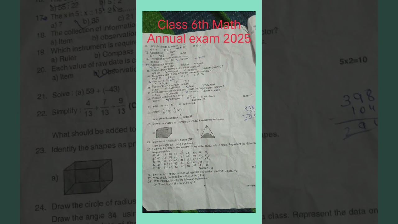 Class 6th Math  | Annual exam question paper 2025 | #exam #maths #annualexam2025 #shorts #education
