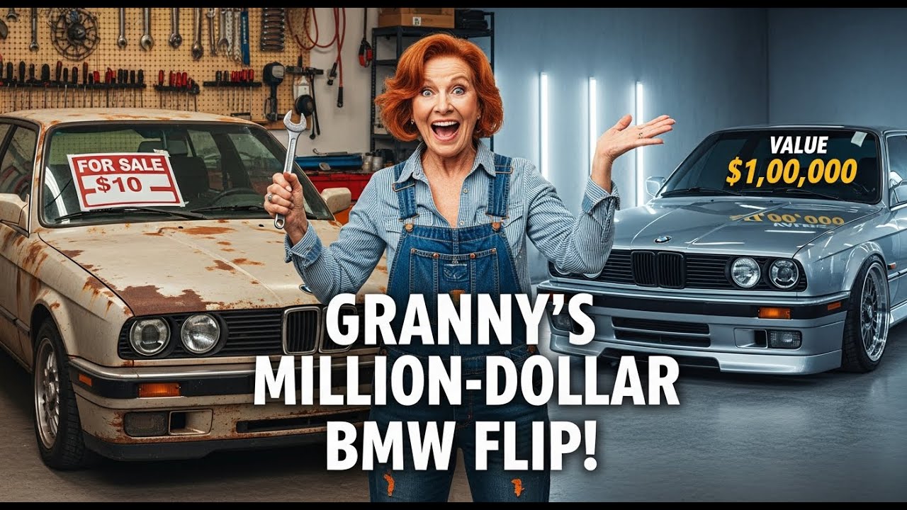 Grandma with red hair restoring an old BMW 3 Series and turning it into a brand-new-feeling classic: