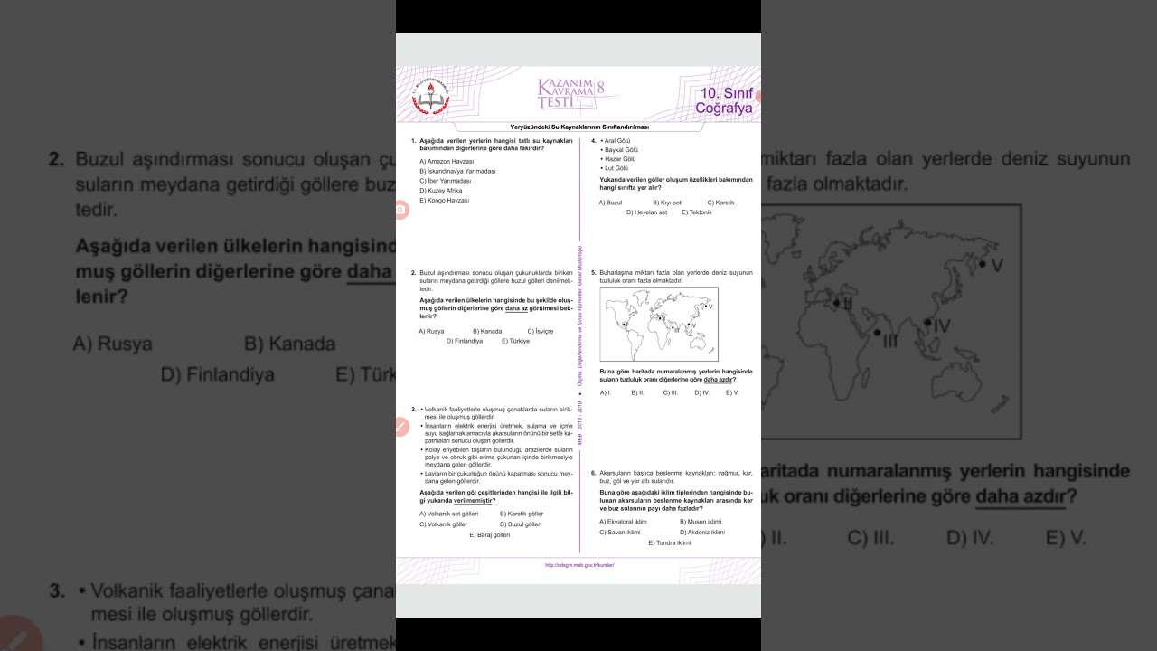 10.Sınıf MEB kazanım testi 8 (Yeryüzü Su Kaynaklarının Sınıflandırılması)