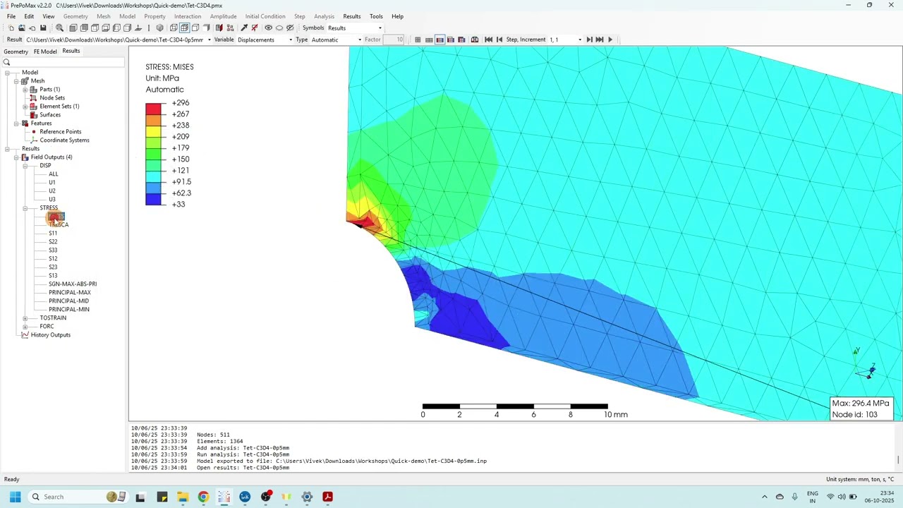 PrePoMax and Calculix Workshop : Frist order tet v/s second order tet elements (C3D4 vs C3D10)
