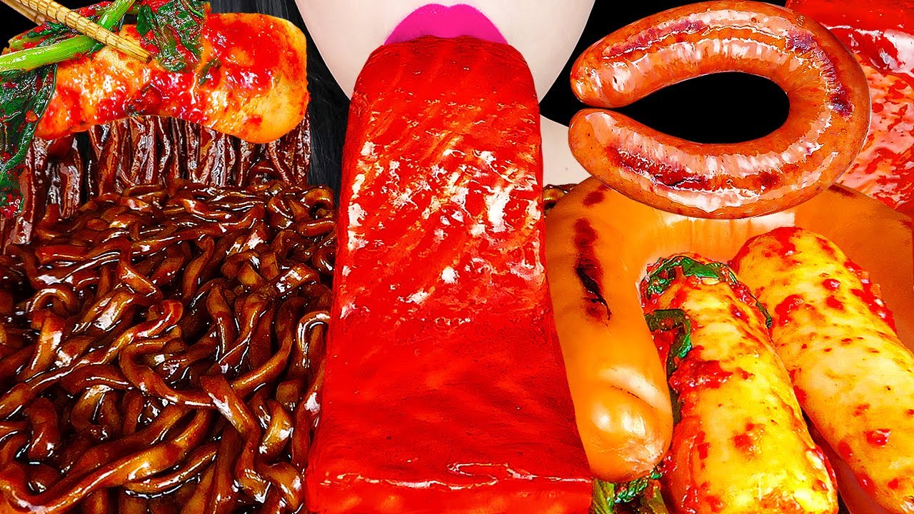 ASMR BLACK BEAN NOODLES, BULDAK SALMON, KIELBASA SAUSAGE, KIMCHI 킬바사, 짜파게티, 불닭연어 먹방 EATING MUKBANG