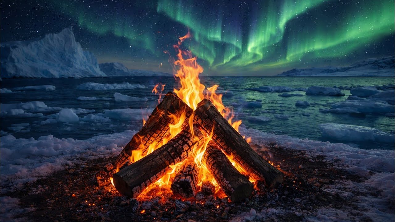 Campfire in Northern Lights ❄️🔥 Deep Sleep, Relaxing Fire Sounds, Polar Ocean Ambience