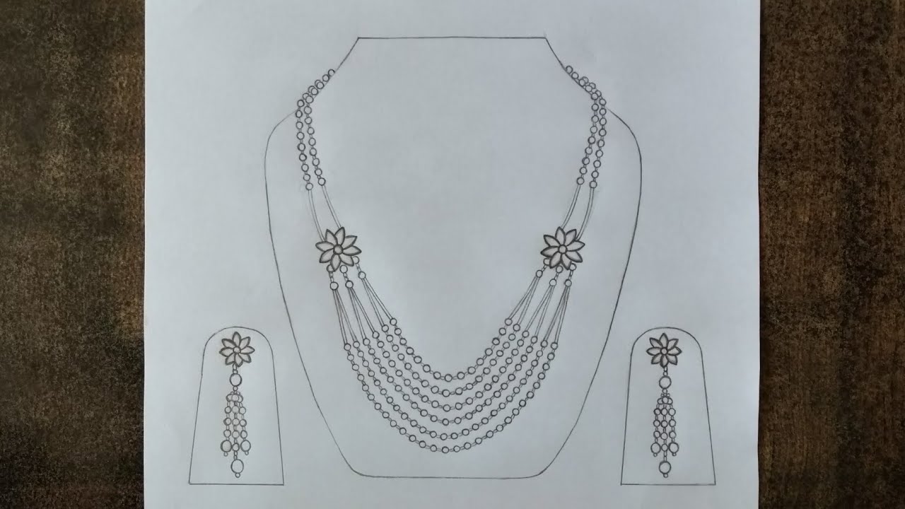 necklace drawing || step by step draw necklace and earrings with pencil || jewellery design drawing