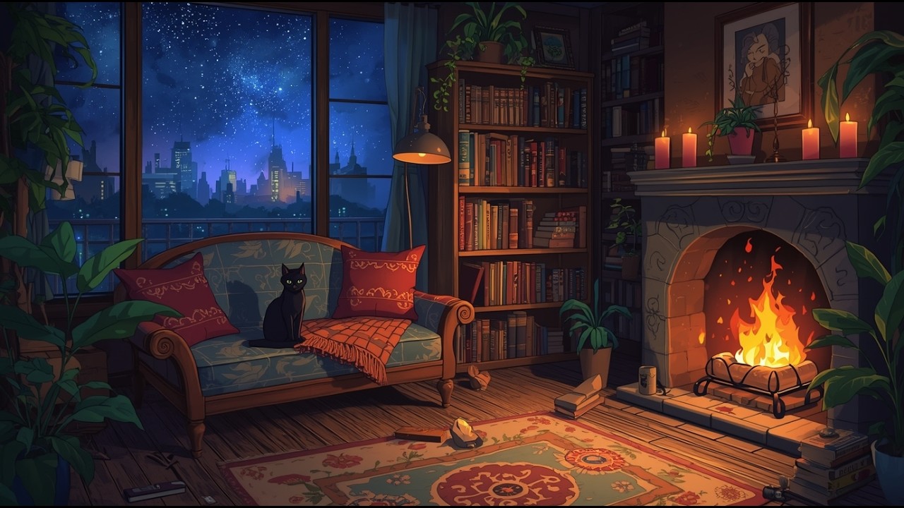 Warm Fireplace with Snow Falling Outside ❄️ Relaxing Winter Lofi for Calm, Study & Rest