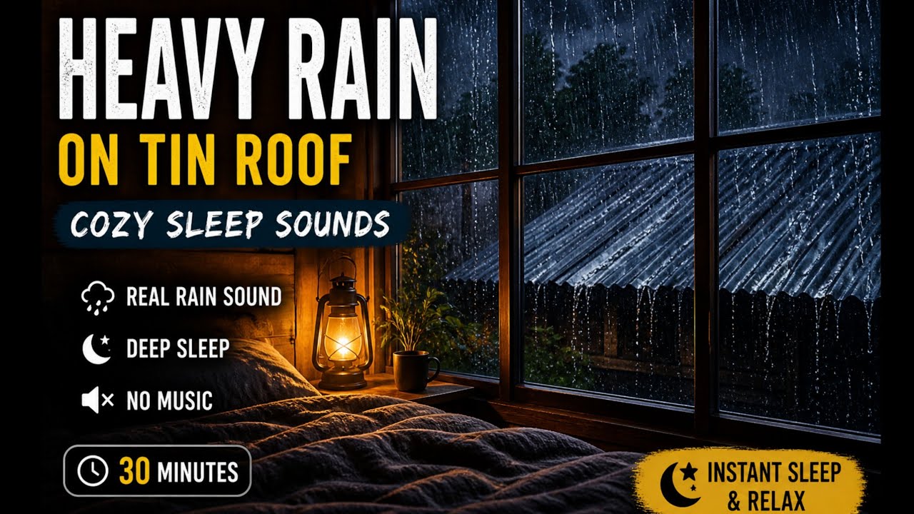 Heavy Rain on Tin Roof at Night – Cozy Sleep Sounds (30 Minutes)