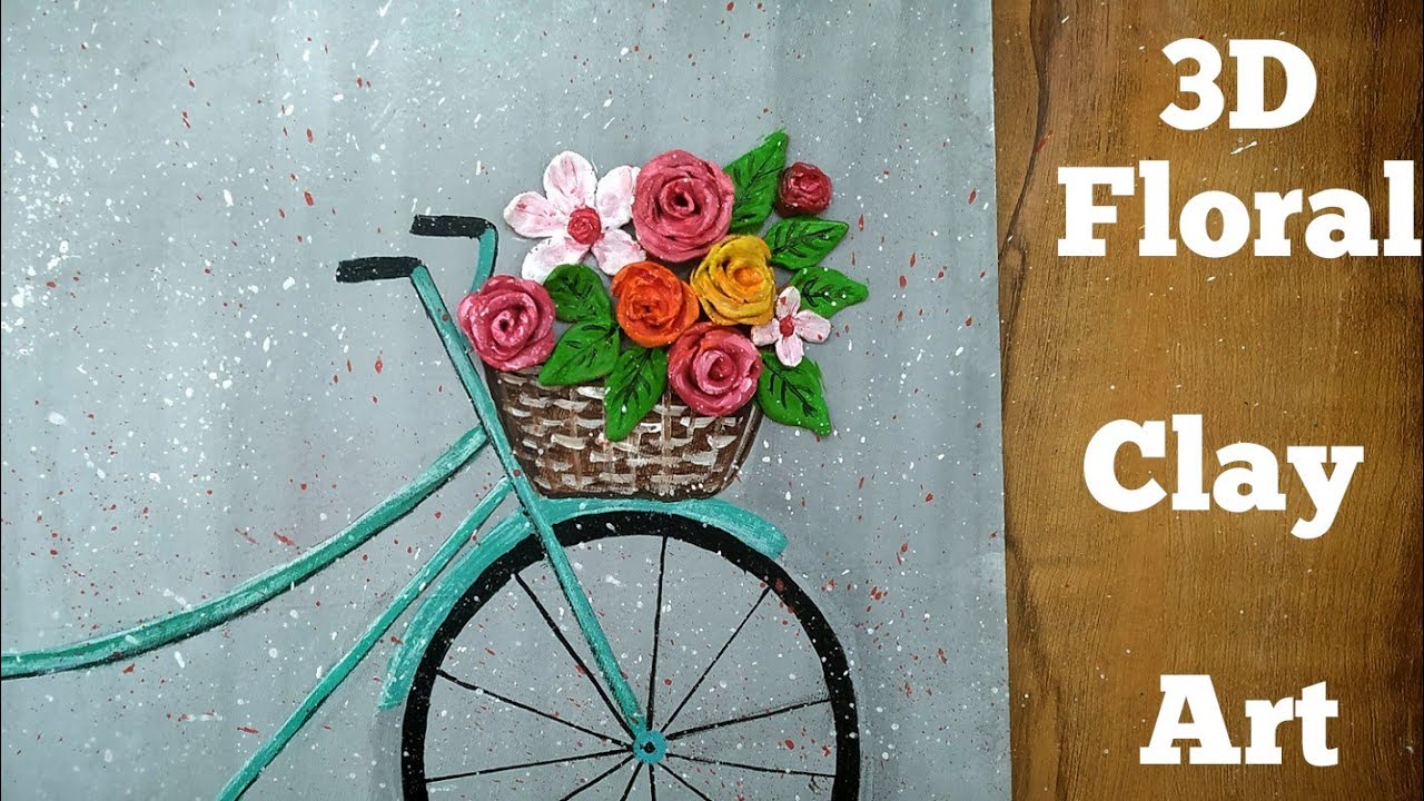 Bicycle wid Flower Basket Acrylic Painting/3D Clay Floral Painting for Beginner/DIY 3DClay Mural Art