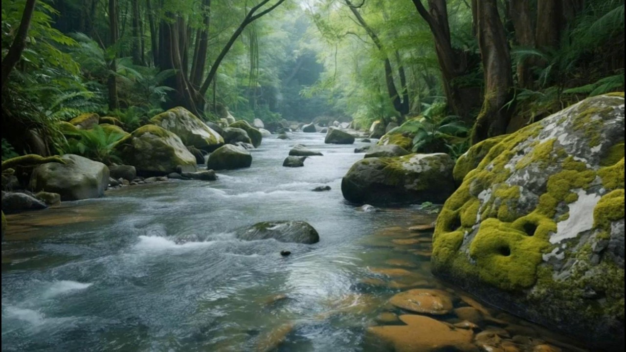 Peaceful Forest River Ambience | Calm Water Flow, Mossy Rocks & Jungle Vibes