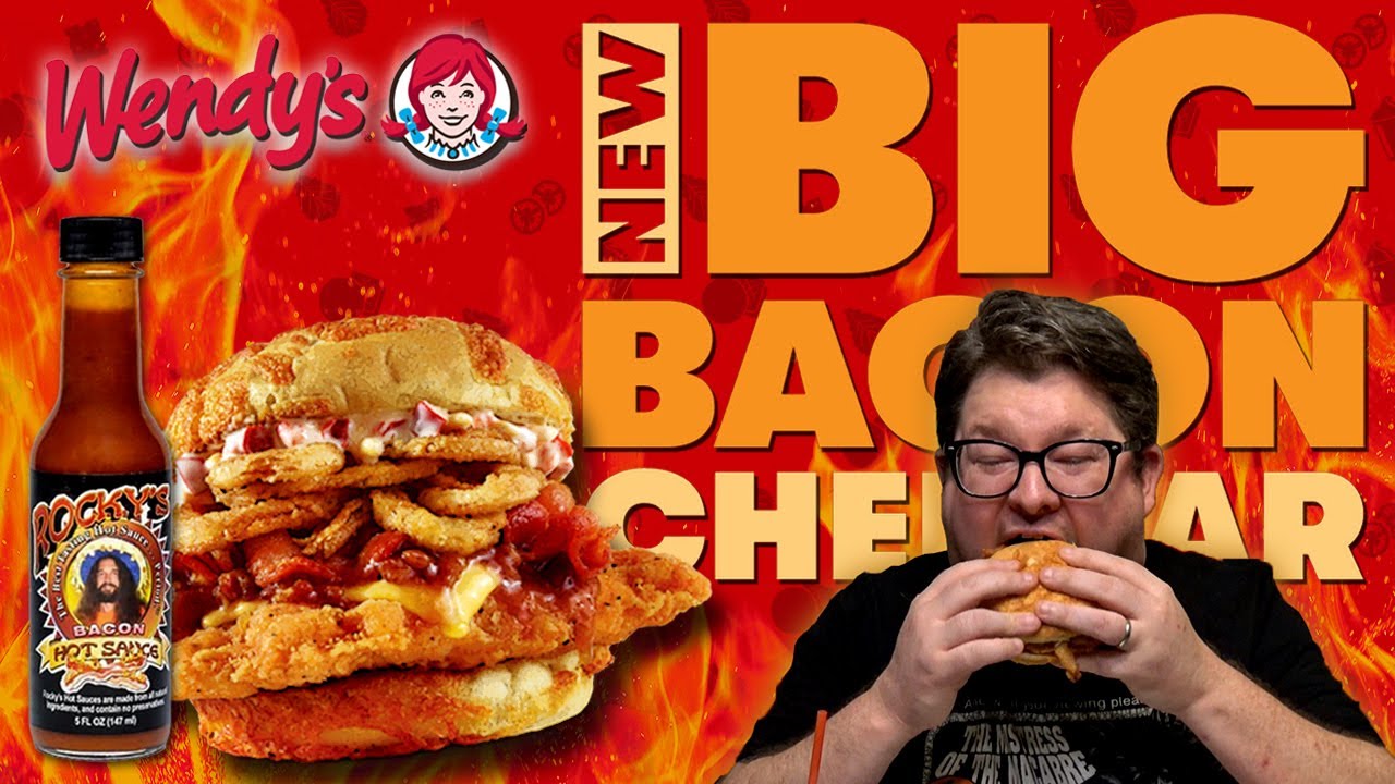 NEW! WENDY'S 🔥SPICY🔥 BIG BACON CHEDDAR CHICKEN SANDWICH w/ ROCKY'S BACON HOT SAUCE
