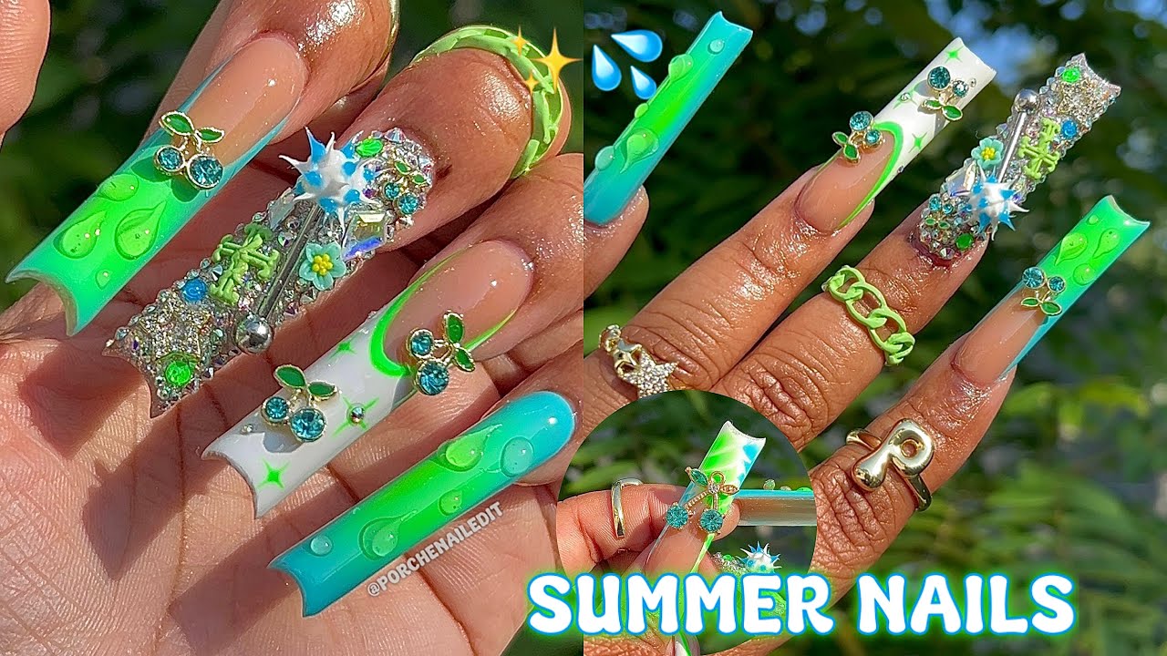 BLUE & GREEN CHERRY NAILS 🍒💚💙✨ SUMMER NAILS 💧 ACRYLIC NAIL TUTORIAL ✨