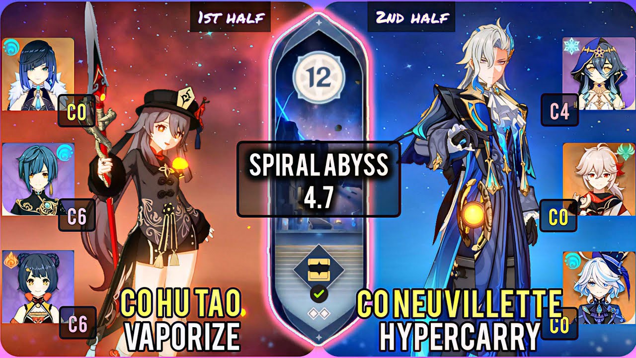 C0 Hu Tao Vaporize & C0 Neuvillette Hypercarry | Spiral Abyss 4.7 Floor 12 - 9 Stars | Genshin