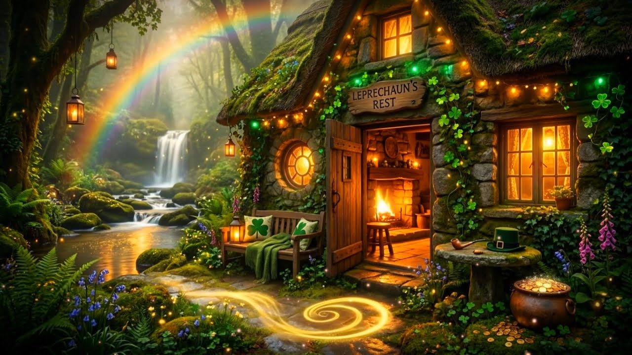 Irish Cottage Ambience with Celtic Harp Music 🍀 Leprechaun’s Rest Fireplace & Waterfall