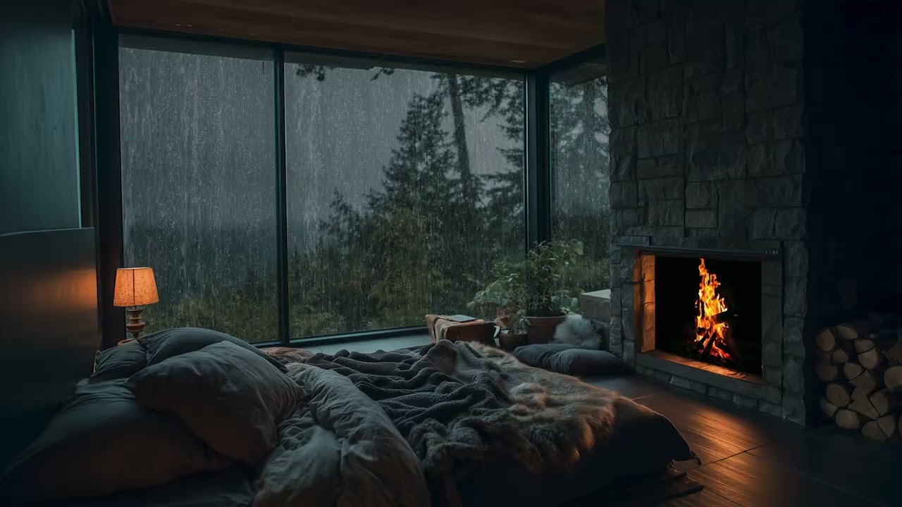 Cozy Rain Sounds with Fireplace 🔥 Glass Cabin Night for Sleep & Calm
