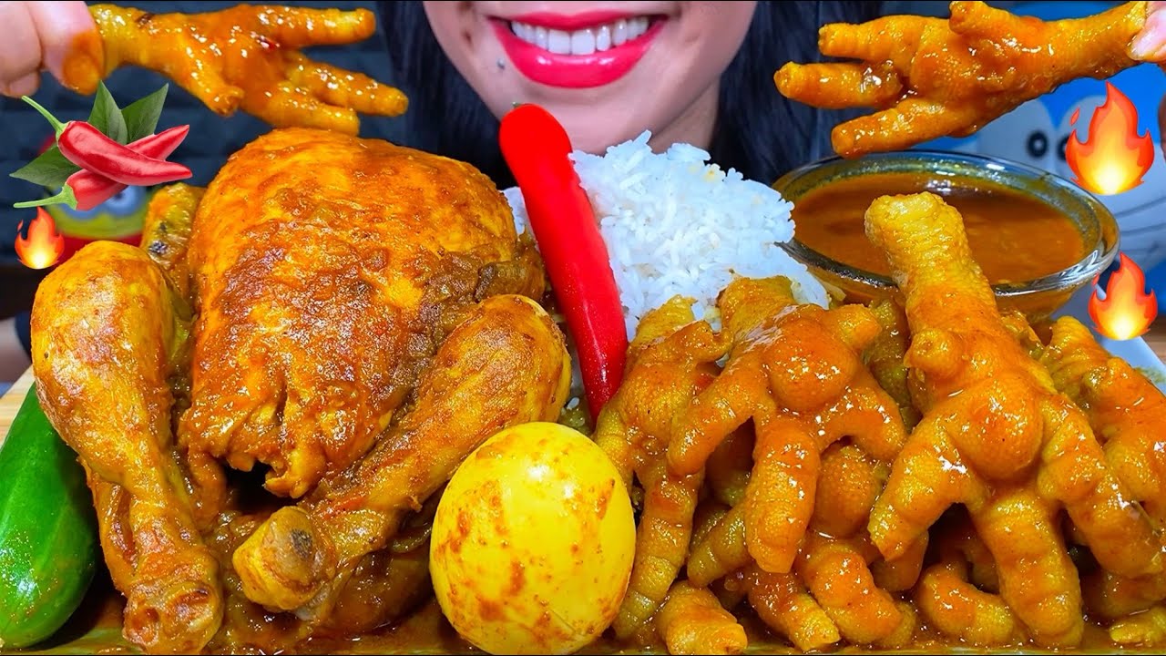 ASMR SPICY CHICKEN FEET CURRY, WHOLE CHICKEN CURRY, EGG CURRY, RICE MASSIVE Eating Sounds