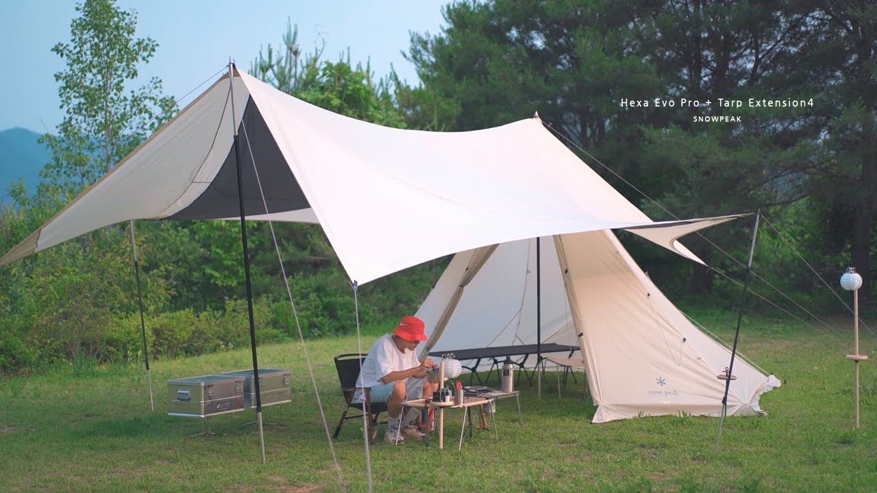 [4k]스노우피크 타프익스텐션4 + 헥사에보pro 설영ㅣタープエクステンションテント4ㅣ솔로캠핑ㅣTarp Extension4ㅣHexa Evo Proㅣ다이어트 캠핑ㅣ식단요리