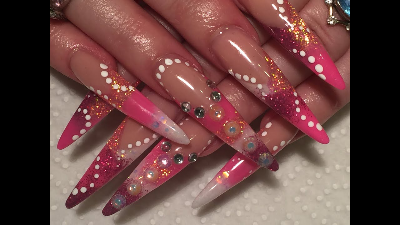 Acrylic Nails - pink and sparkly long stiletto sculpted nails - how-to