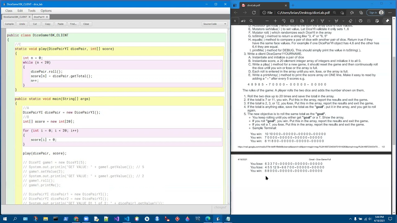 Java Tutorial for a Dice Game. Part 2/2