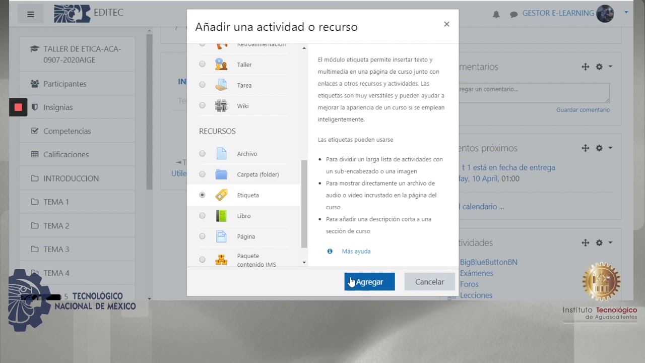Agregar secciones y temas en Moodle