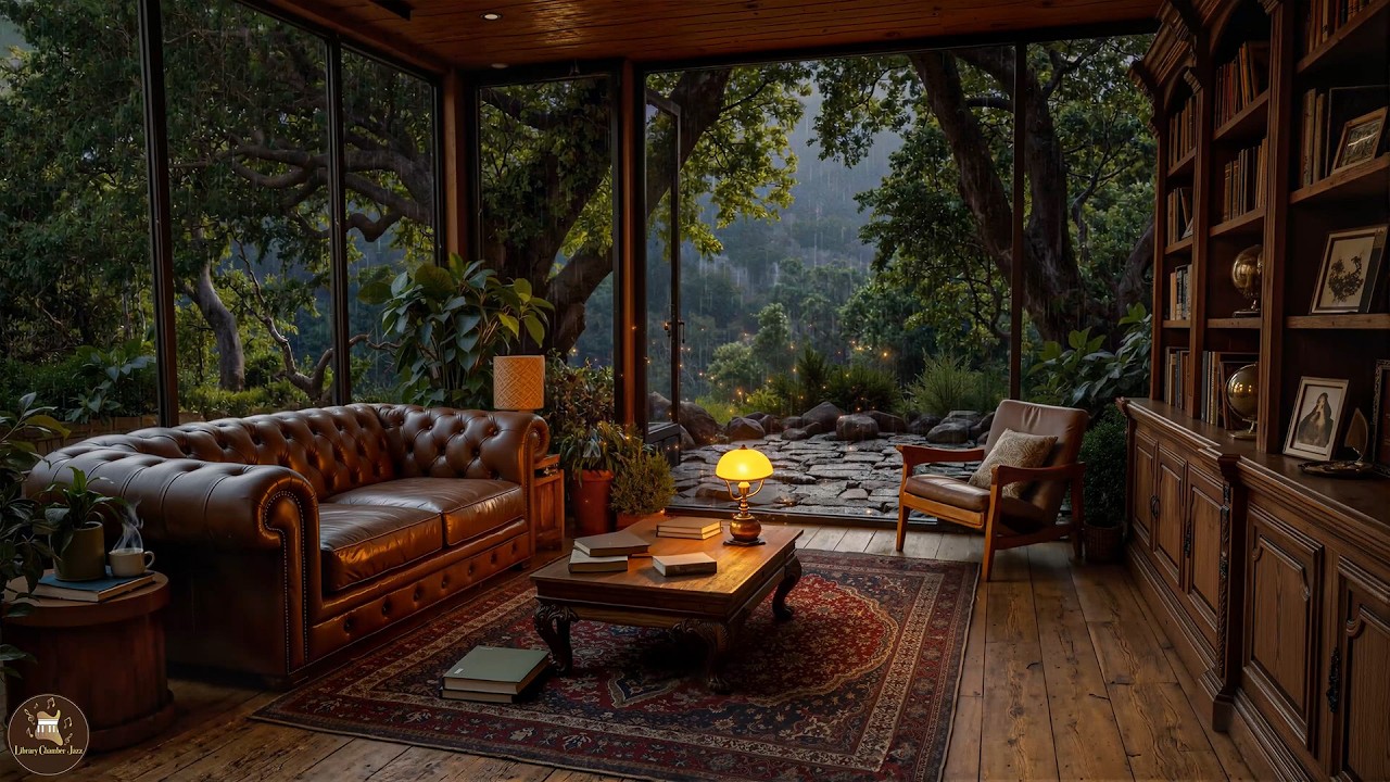 Warm Jazz in a Classic Wooden Library Rain Mood – Gentle Jazz for Rainy Night Relaxation
