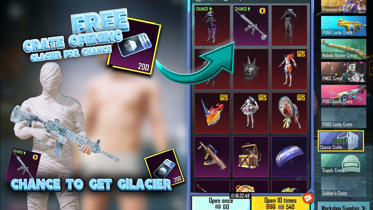 Glacier For Chance Is Here | 200 Classic Free Crate Opening |Chance To Get Glacier For Chance |PUBGM