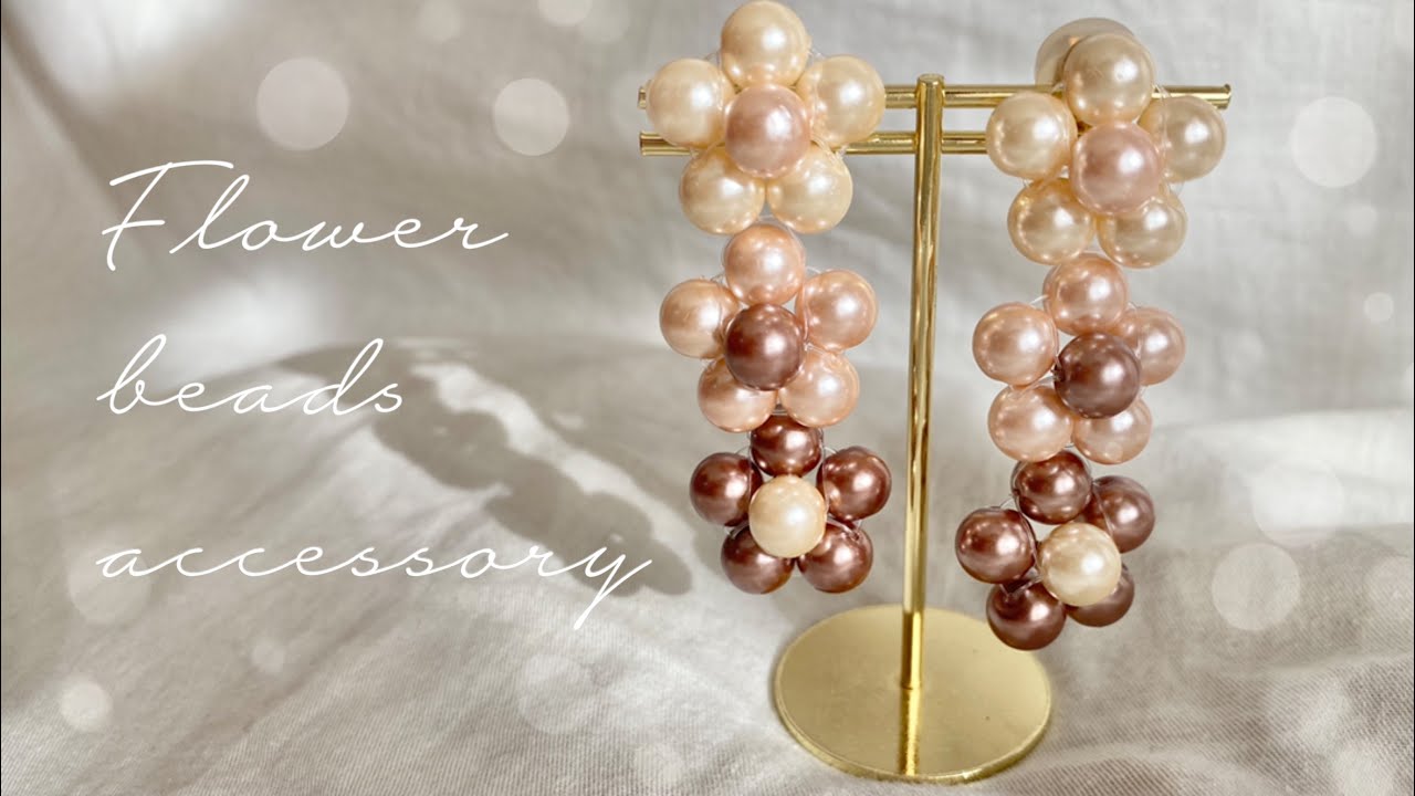 【ビーズアクセサリー】セリアの3色setガラスビーズで5花弁イヤリング作ったら可愛すぎた♡【作り方】
