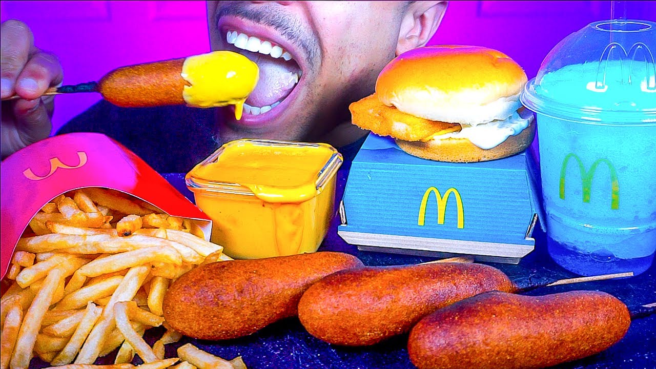 ASMR EATING CORN DOGS CHEESE MCDONALDS FRIES JERRY NO TALKING MUKBANG MOUTH SOUNDS