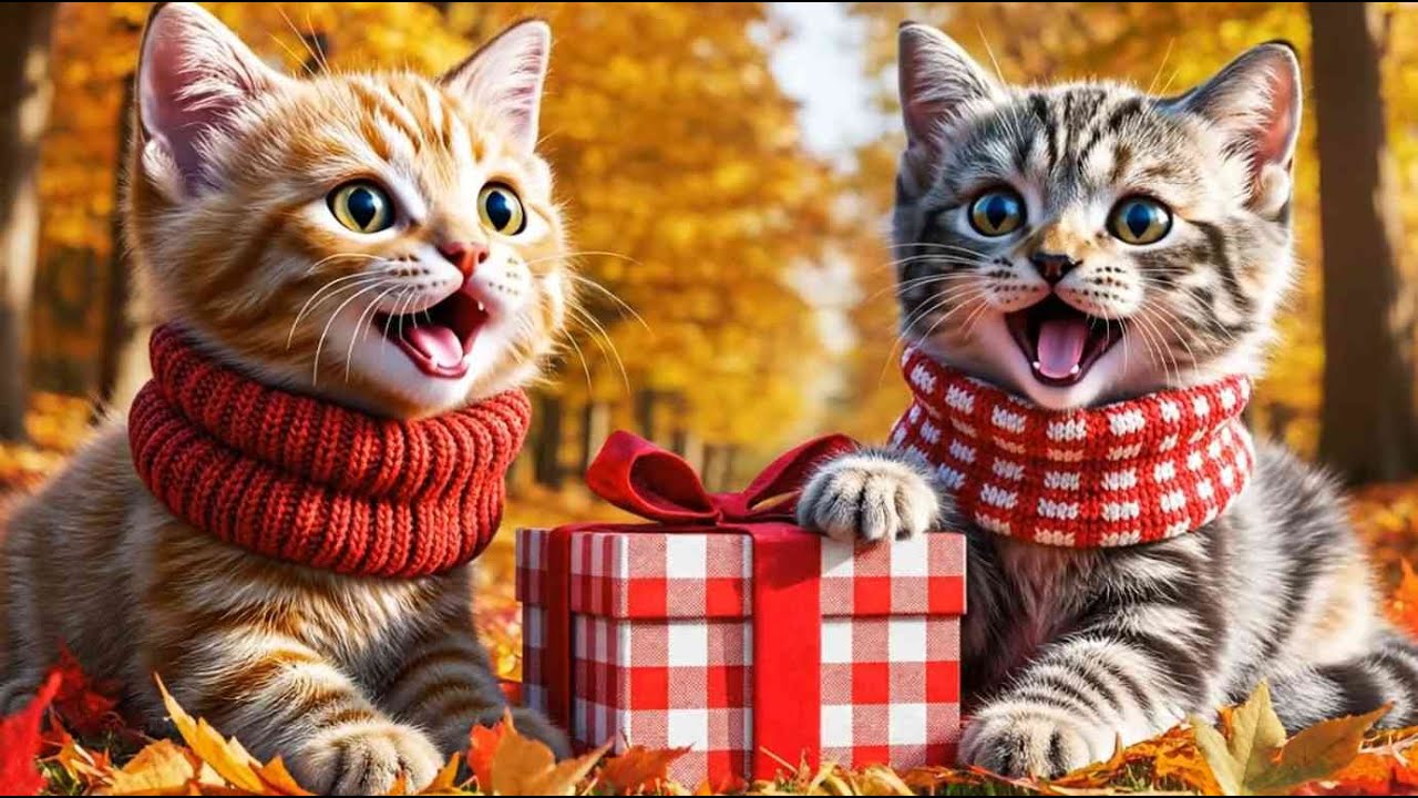 Two adorable kittens enjoying a magical autumn moment with a cute surprise gift 🎁🍁