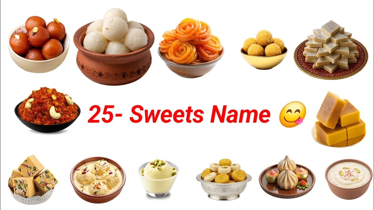 25 Sweets Name English & Hindi | 25 मिठाइयों के नाम | Kids Learning Video | Indian Sweets Name