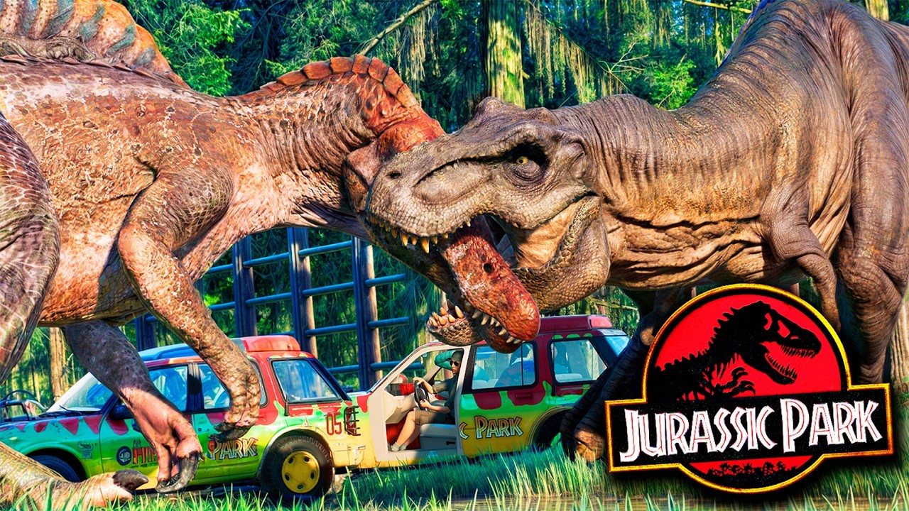 🔥SPINOSAURUS vs T-REX Rexy: Epic Escape in JURASSIC PARK 1993
