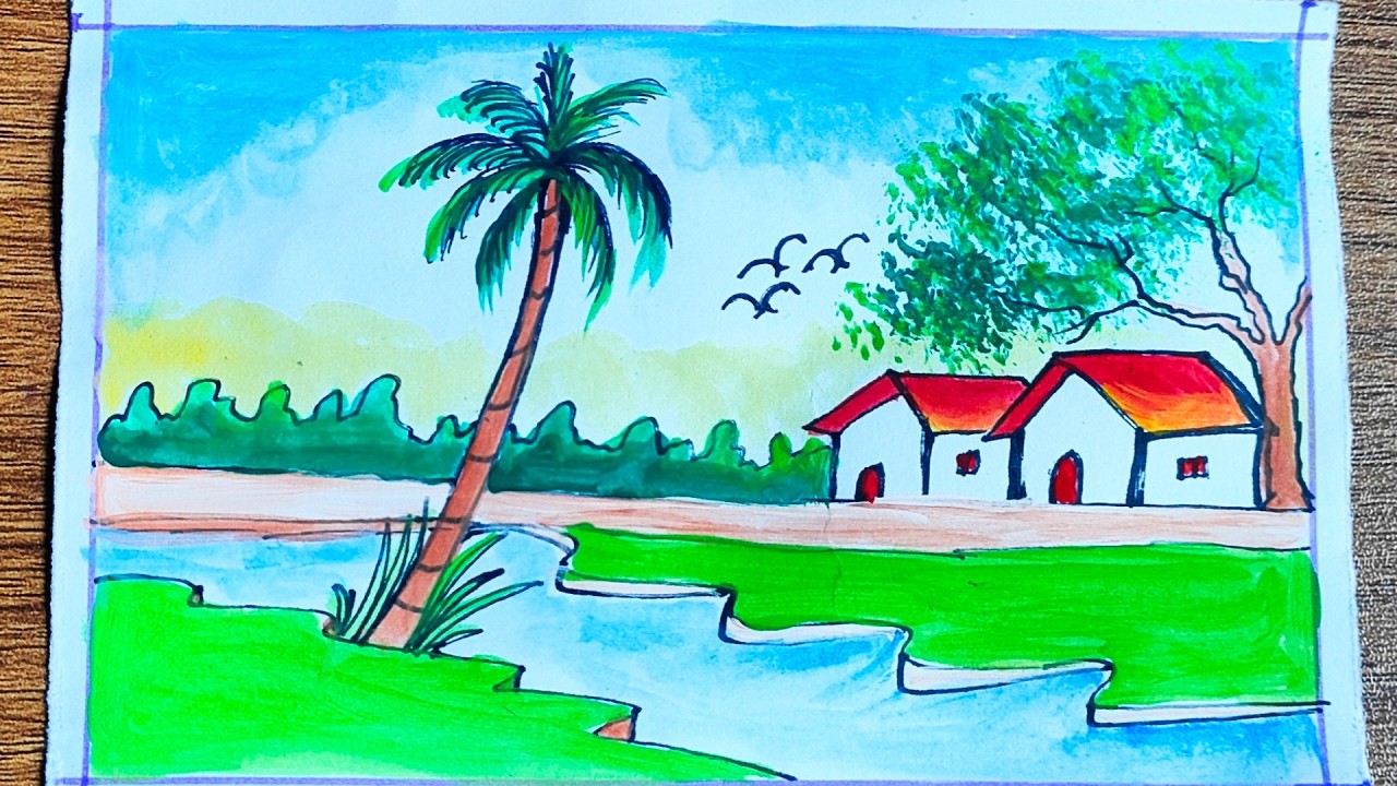 দৃশ্য আঁকা |গ্রামের দৃশ্য আঁকা | gramer chobi aka | beautiful village landscape | easy drawing