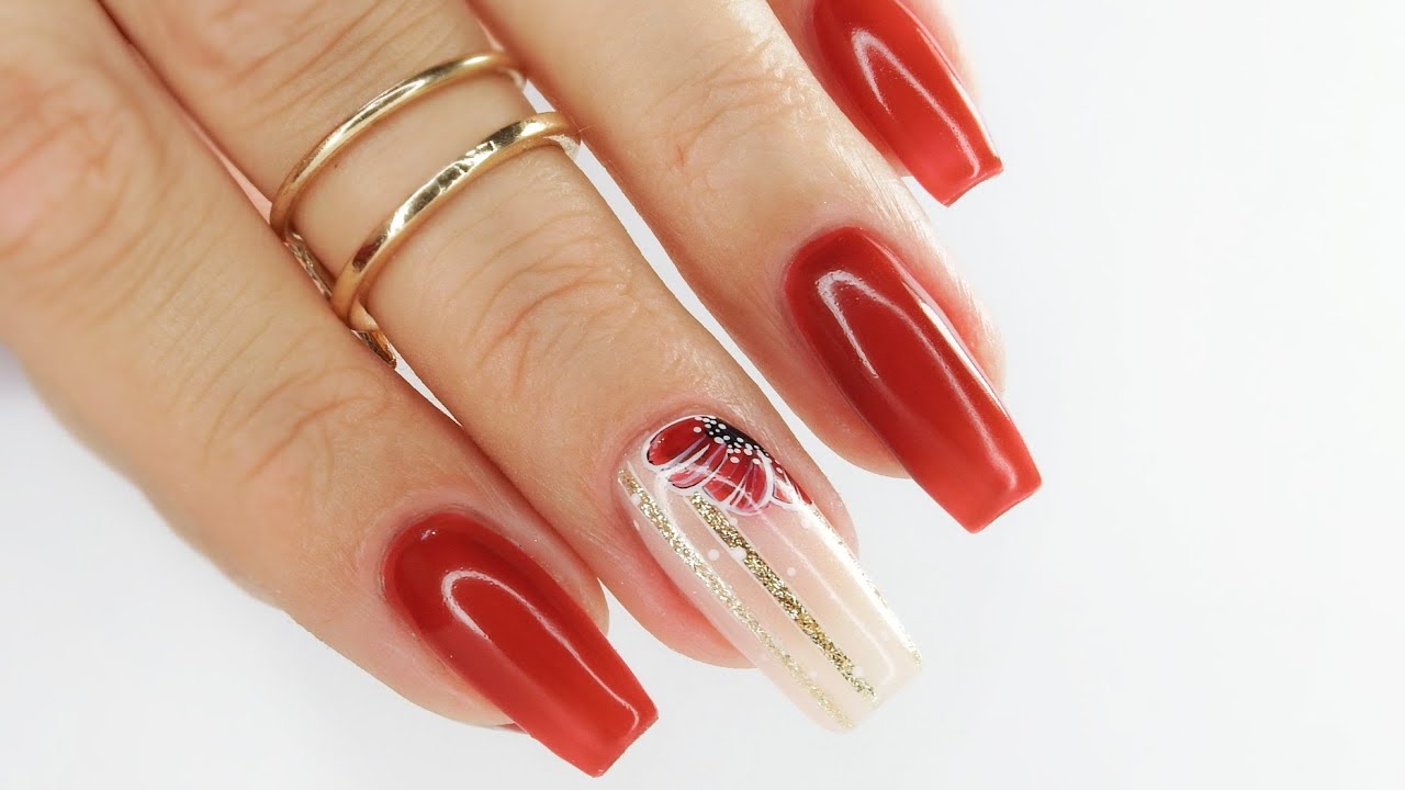 Poppy flower red nails art tutorial / Cuccio Polska