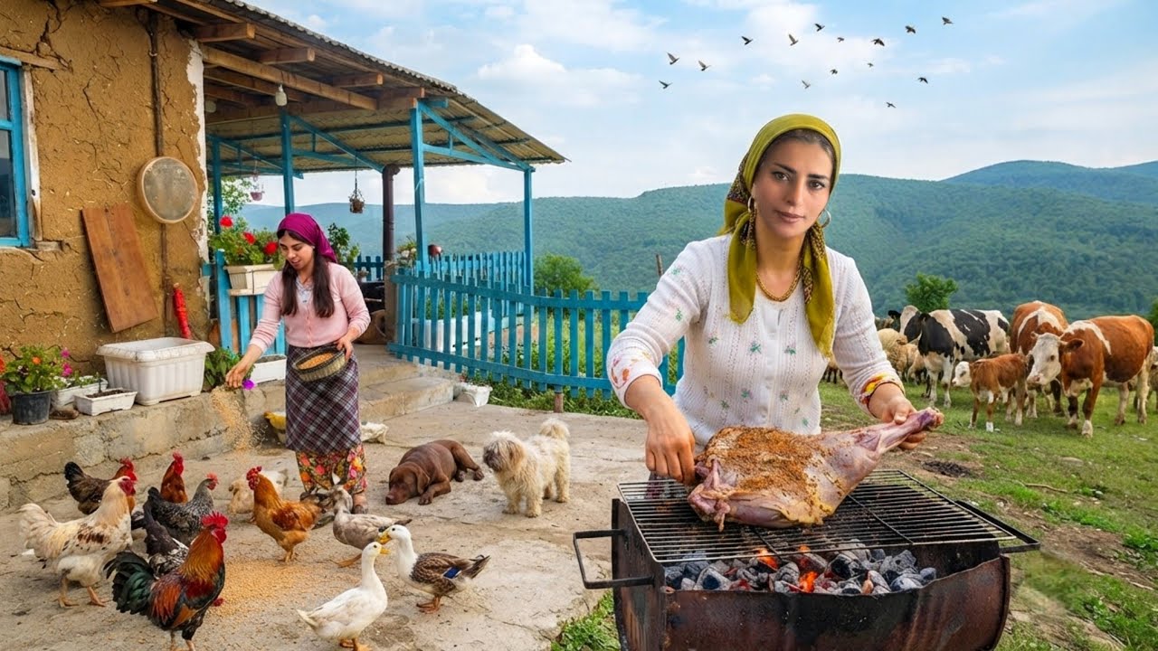IRAN village life| Cooking leg of lamb and bread in barrel