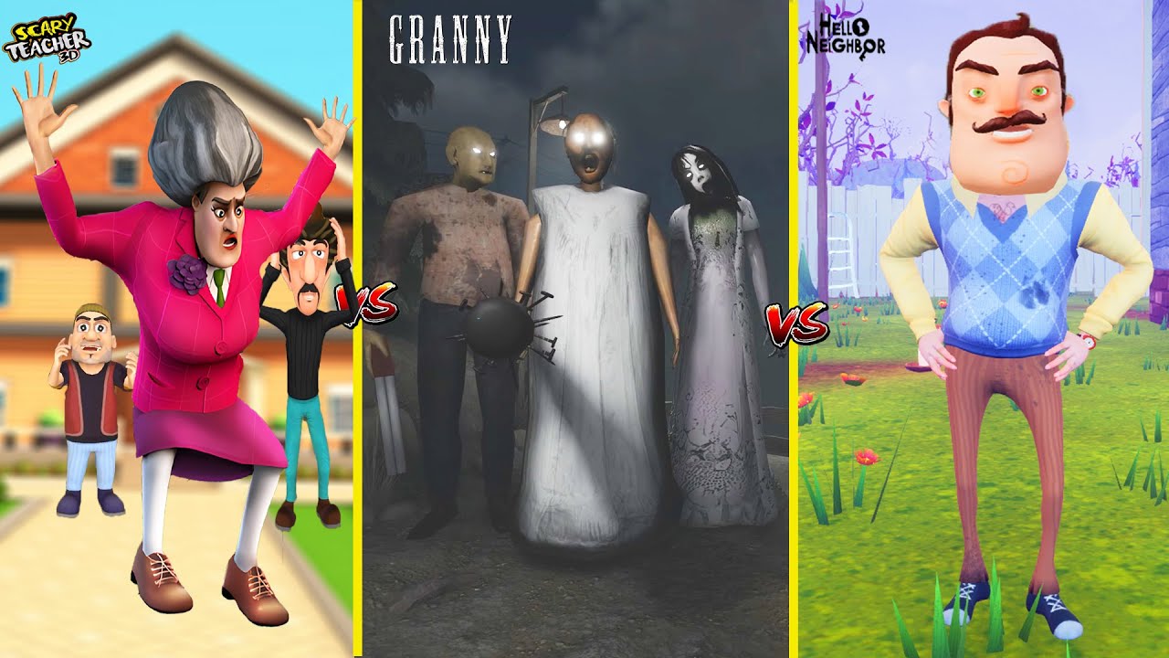 BAŞI KOMİK SONU KORKUNÇ KAPIŞMA 😱 Granny VS Scary Teacher VS Hello Neighbor