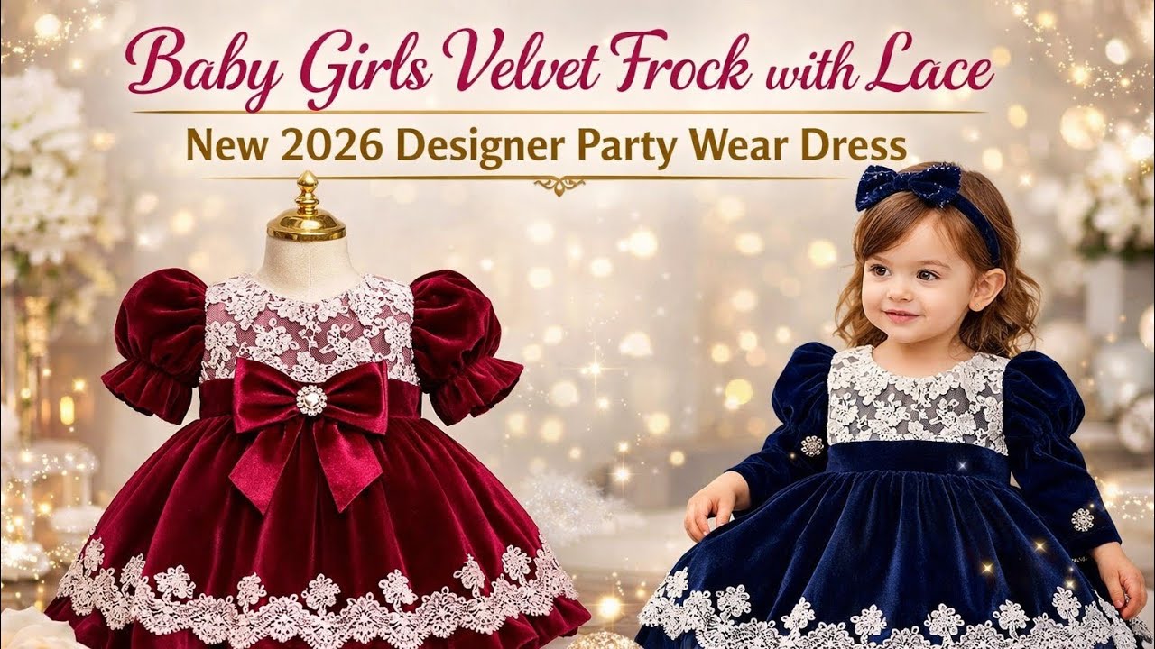 Baby Girls Velvet Frock with Lace | New 2026 Designer Party Wear Dress