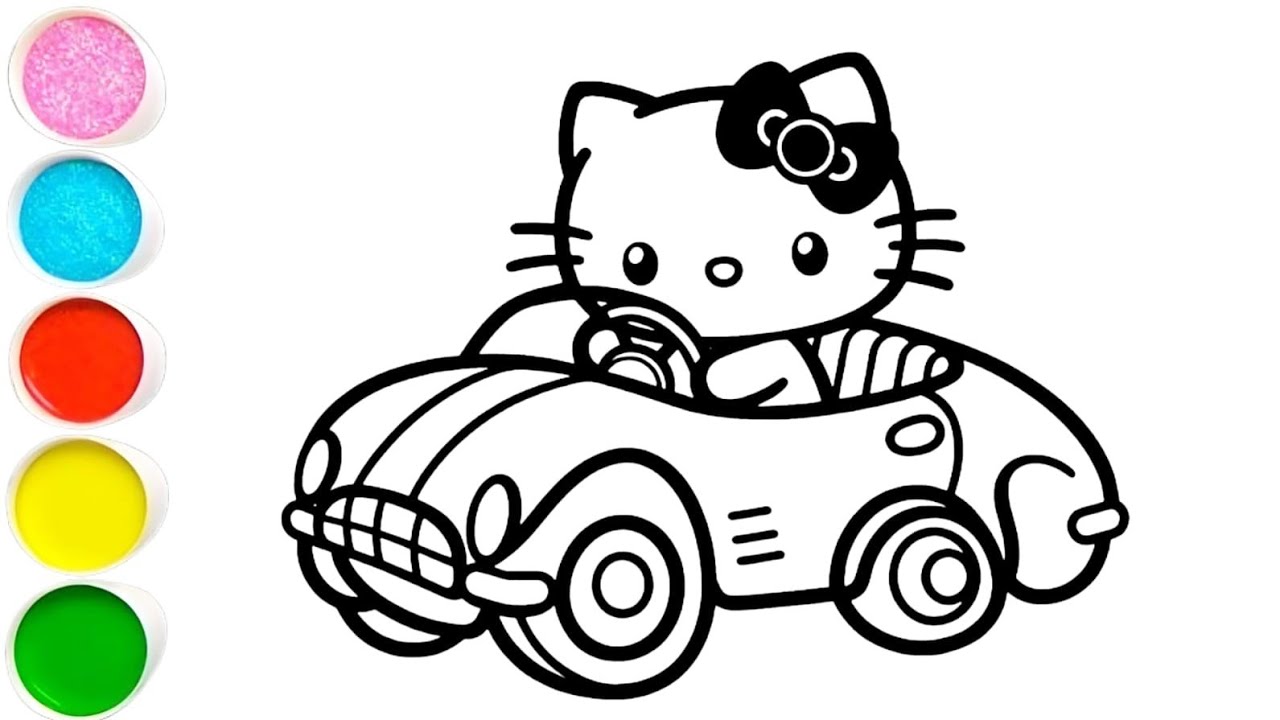 Hello kitty riding a car drawing painting and coloring for kids and toddler's 