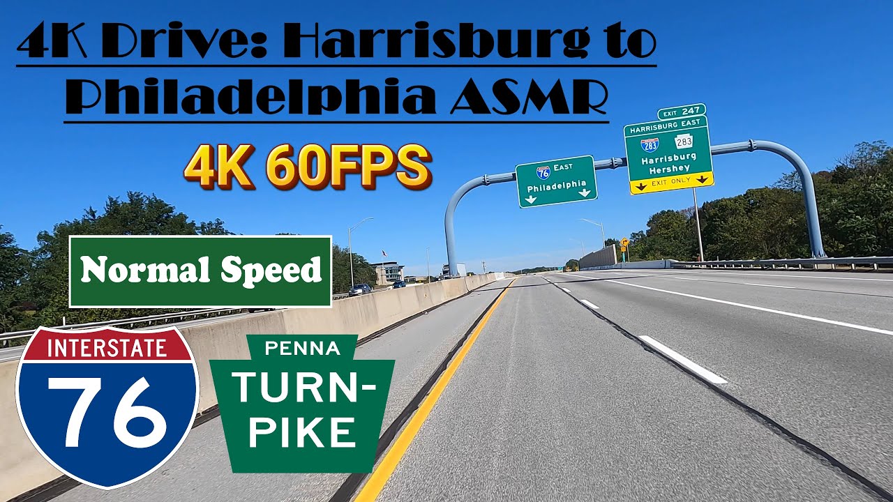4K Drive: Harrisburg to Philadelphia ASMR.  Pennsylvania Turnpike, I 76 East.