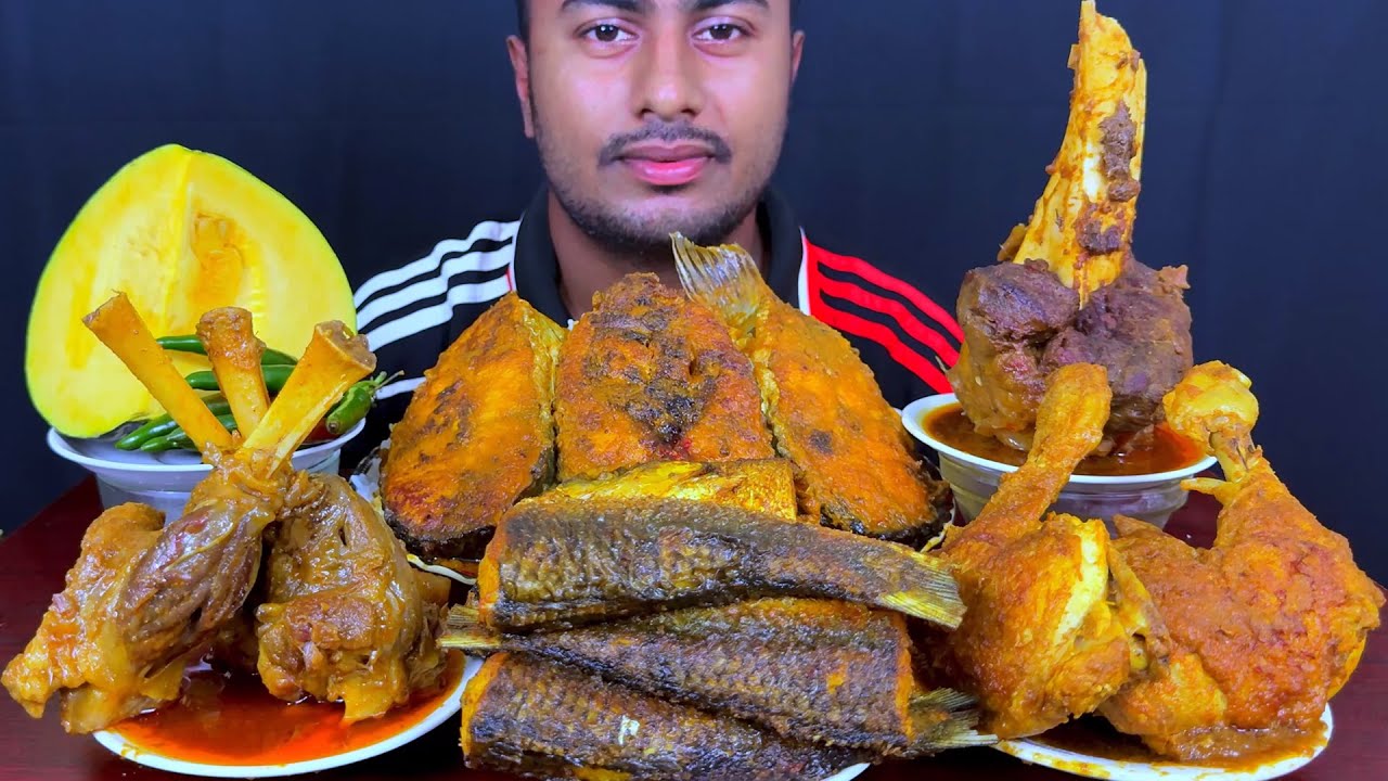 Eating Spicy Fish Curry, Fish Fry, Chicken Curry, Bafelo Nalli with Rice || Eat with SUMON