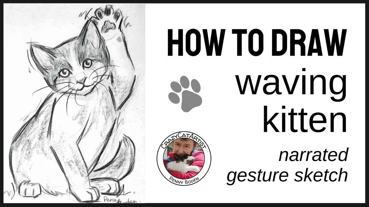 How to Draw Playful Kitten Sitting Waving Paw with Toe Beans, cute adorable face full body side view