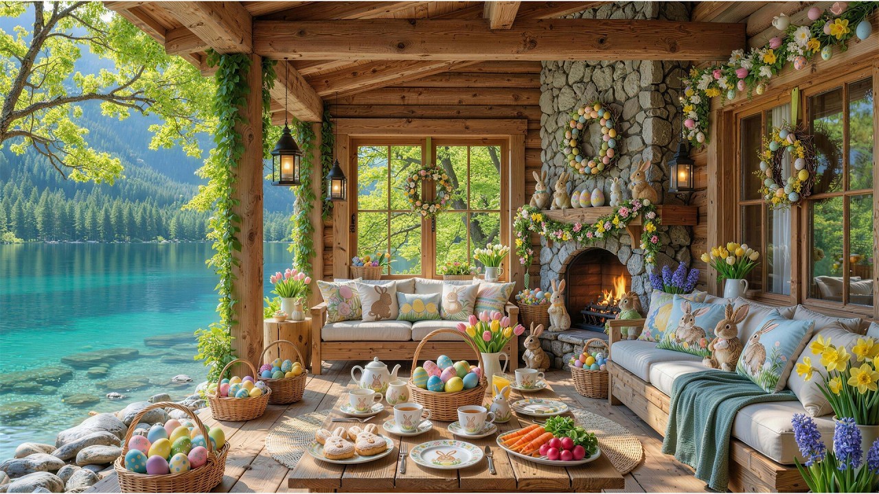 Happy Easter 💐 Cozy Easter Fireplace Ambience with Relaxing Piano Music 🐰 Cozy Spring Porch Ambience