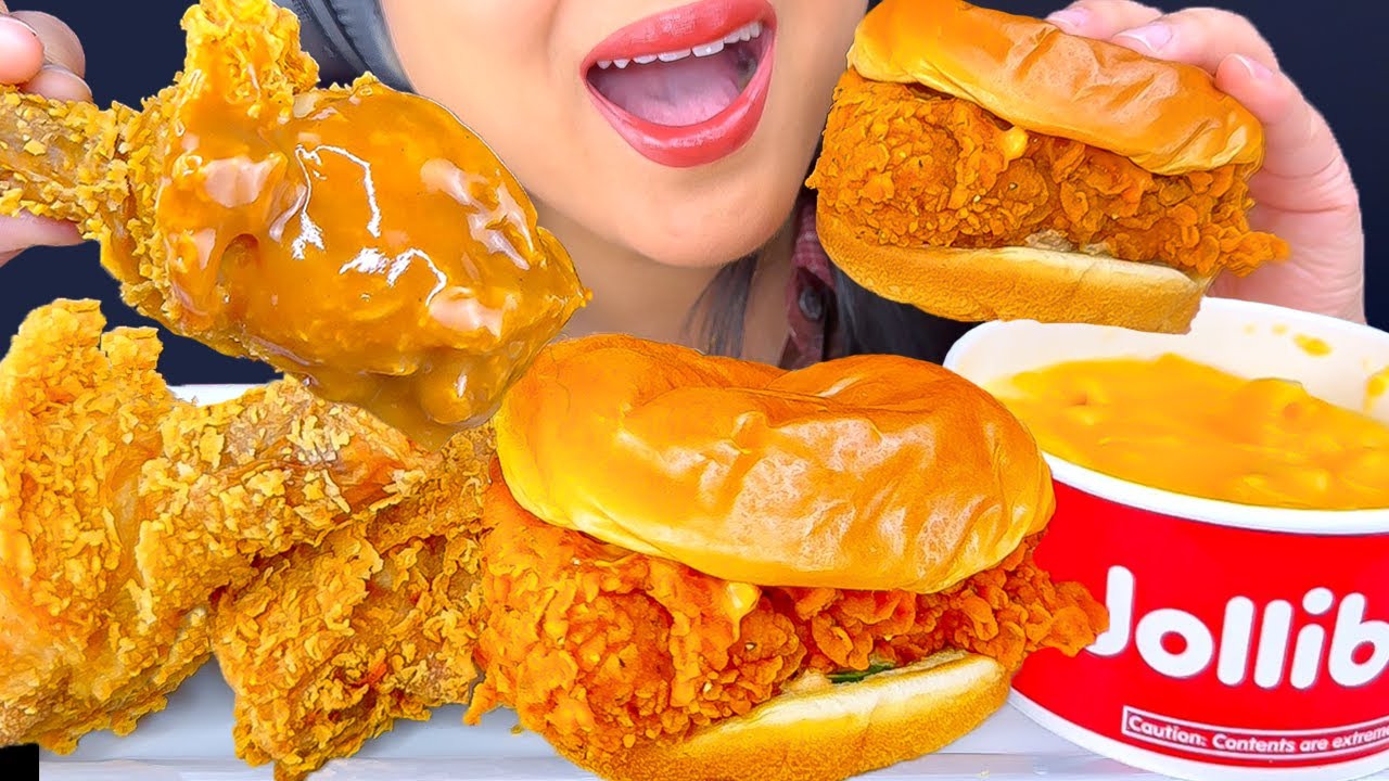 ASMR Jollibee Fried Chicken DIPPED in Gravy! NEW Crispy Chicken Sandwich (Eating Show) ASMR Phan