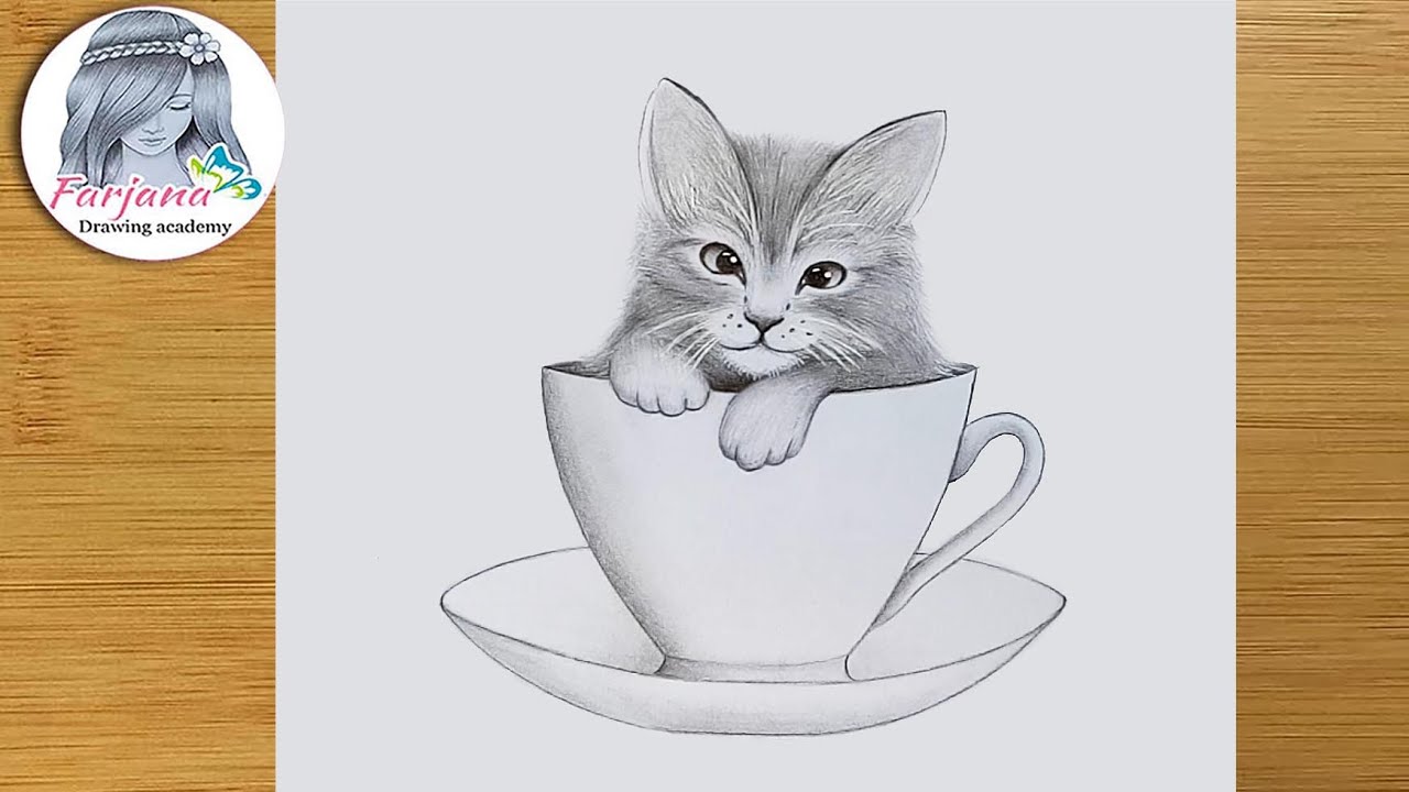 How to Draw a Cute Kitty in a Cup - Step by Step ||  Pencil sketch tutorial