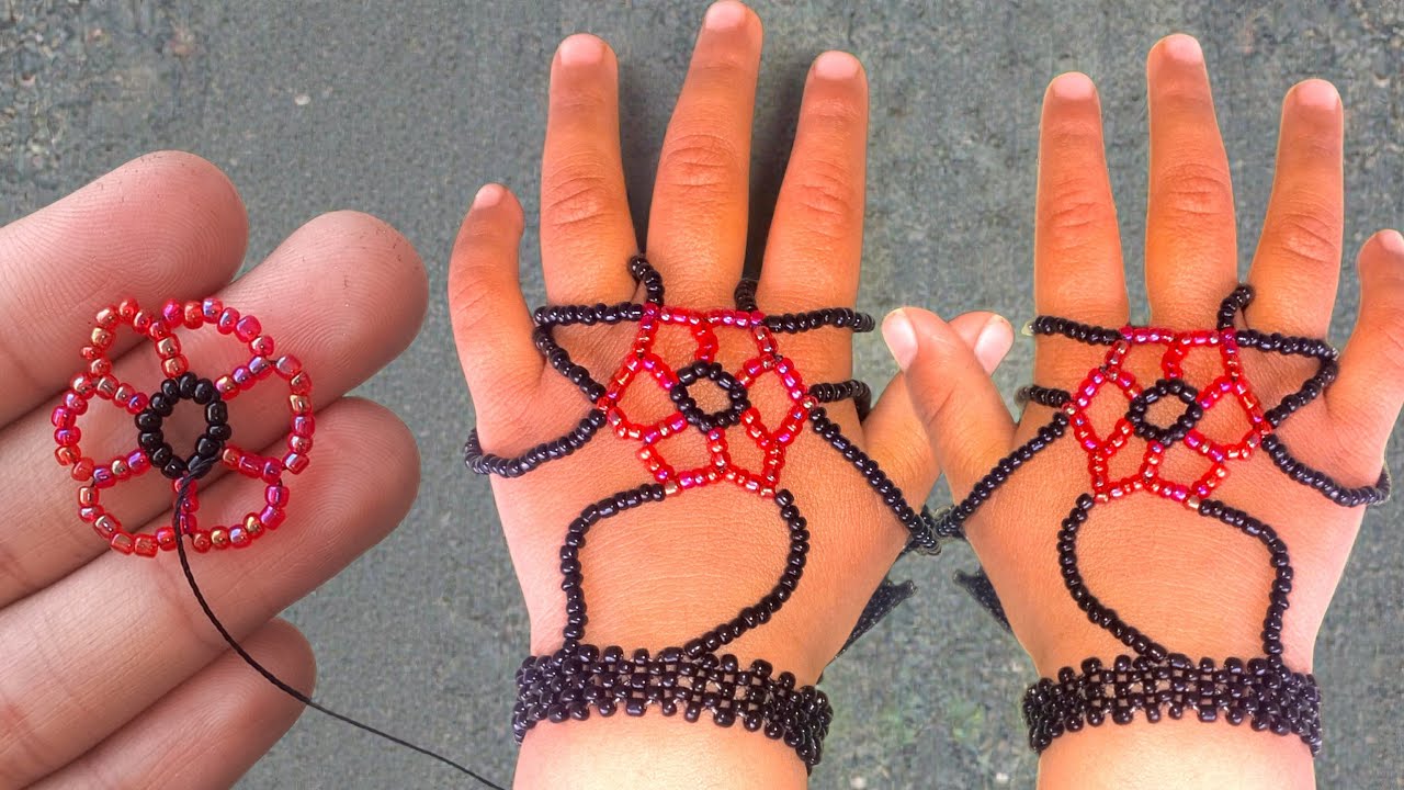 Beaded Hand Bracelet with Red & Black Design || Beaded Flower Hand Bracelet ||New baby hand cuff 