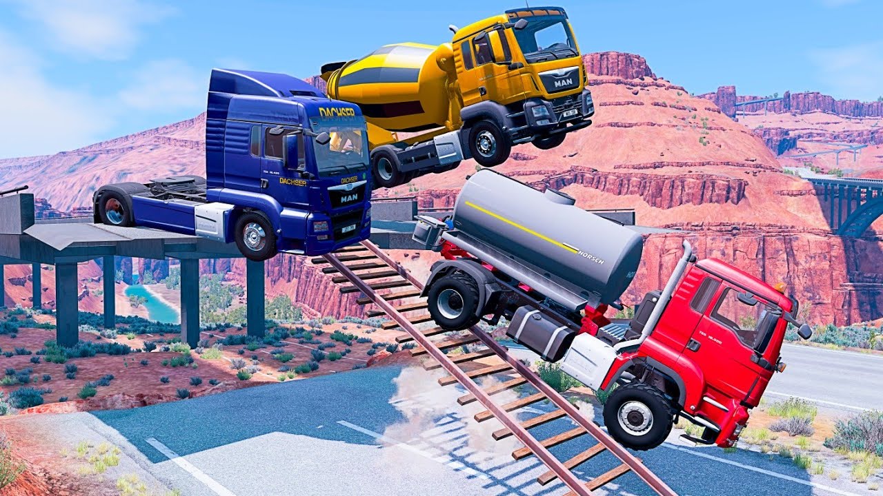 Cars vs Train Track Bridge &ndash; BeamNG.Drive