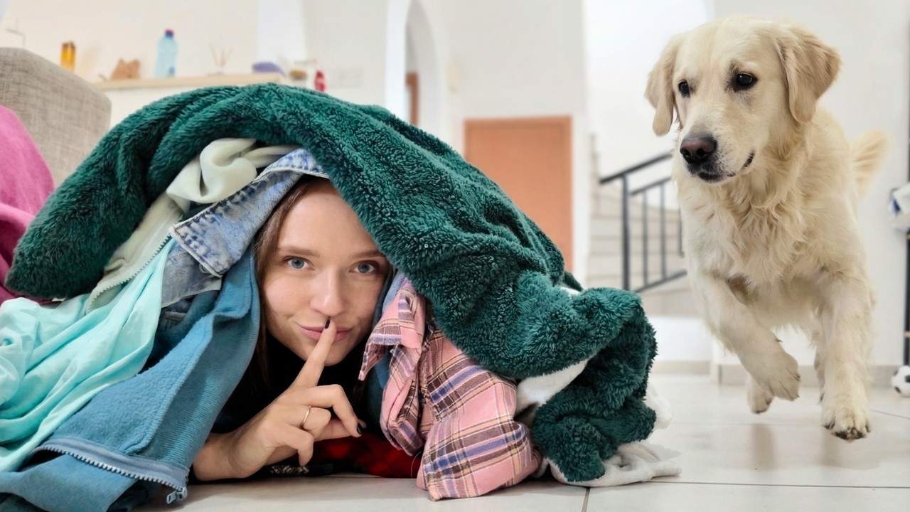 My Dog Reacts to Me Hiding Under a GIANT Clothes Mountain!